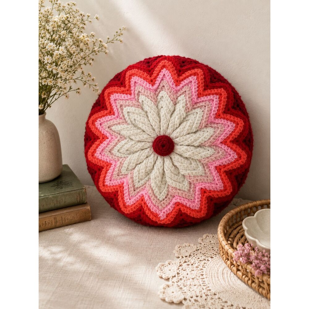 Crochet Granny Throw Pillow Vintage 13" Round Retro Grandma Handmade Red Pink